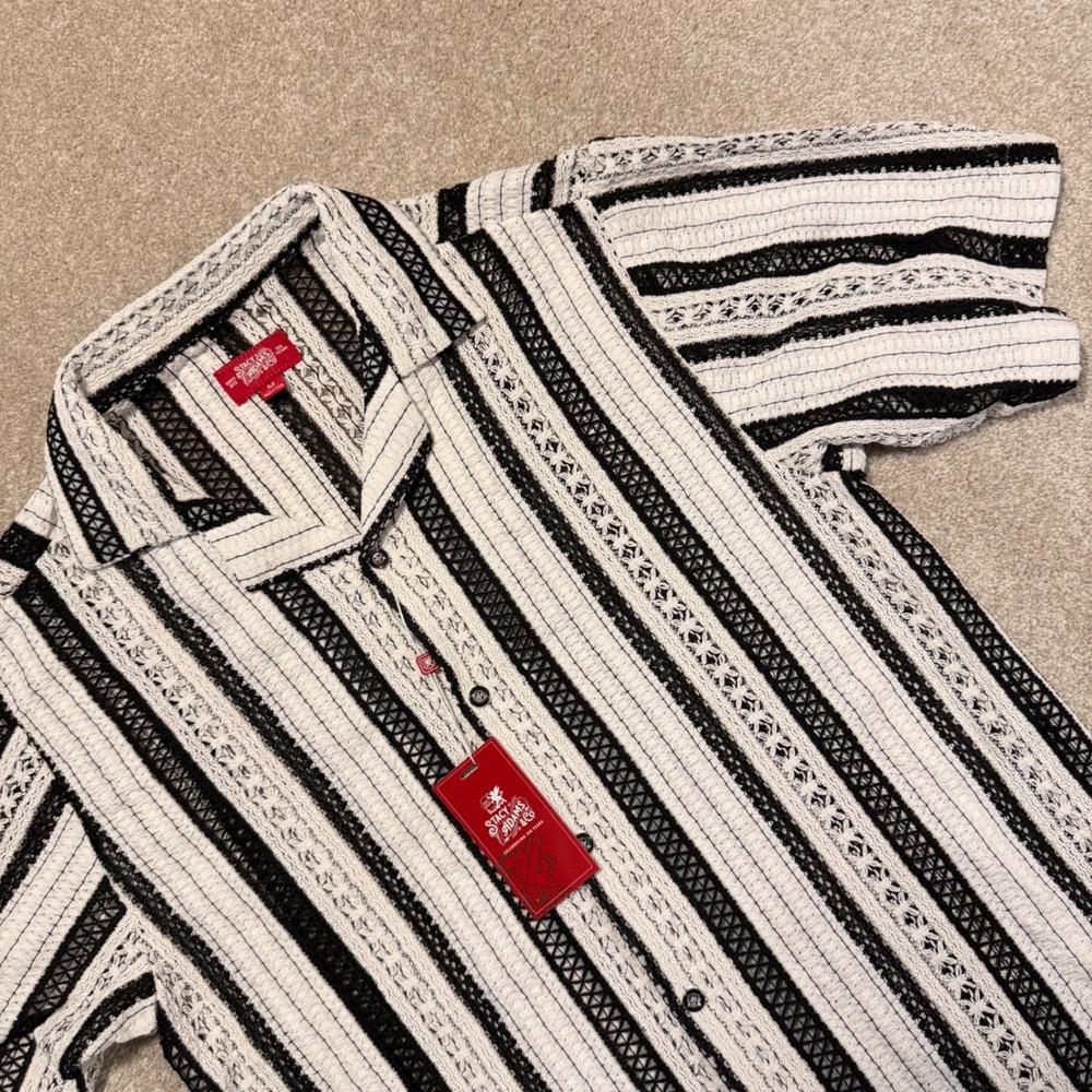 Stacy Adams Button‎ Up Shirt Mens Medium White Black Striped Lace Knit NWT $99
